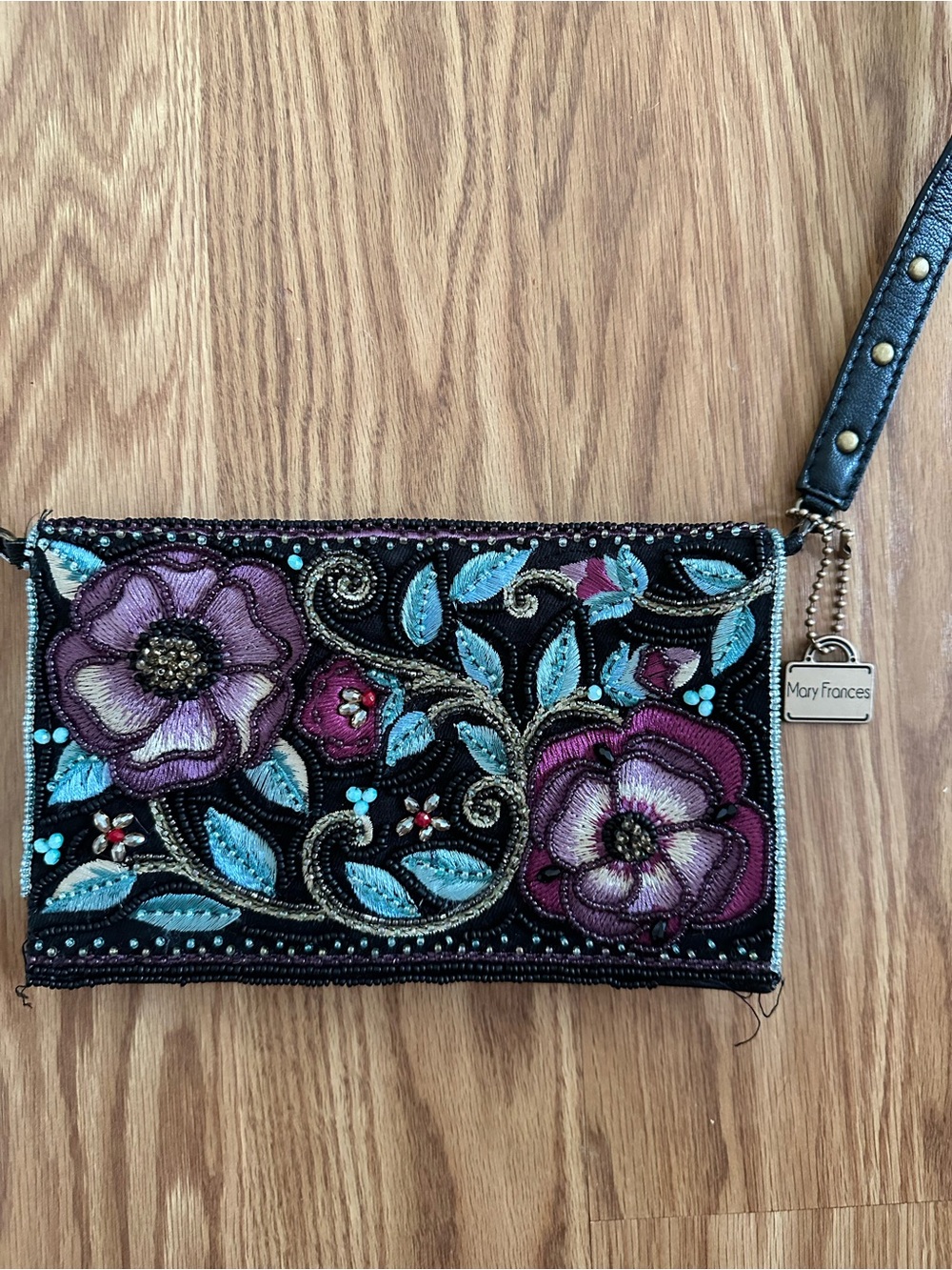 Mary Frances Black Beaded Floral Wristlet with Teal & Pink Embroidery